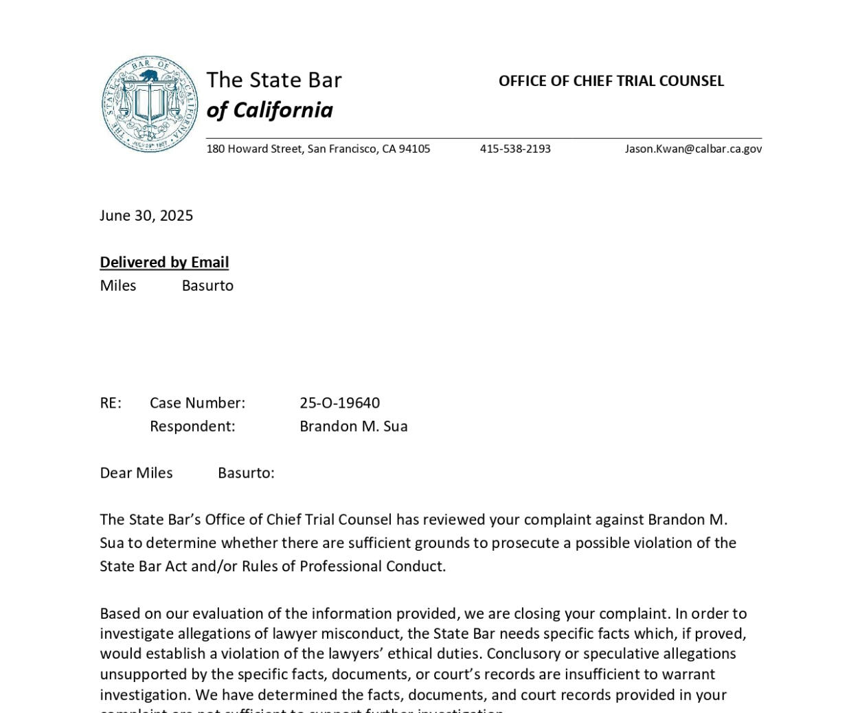 Letter from state Bar re SUA